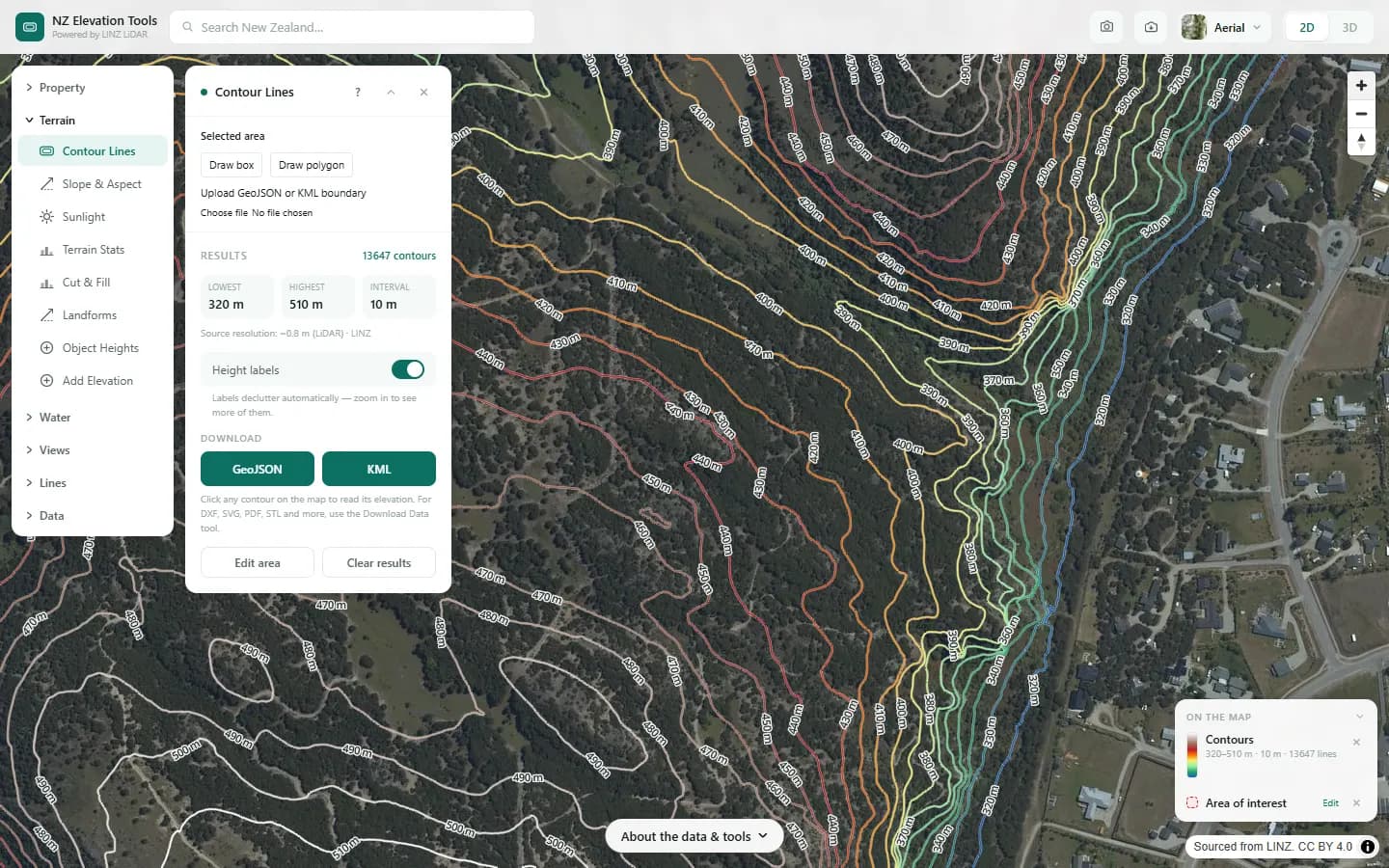 Close view of contours bunching on the steep east face