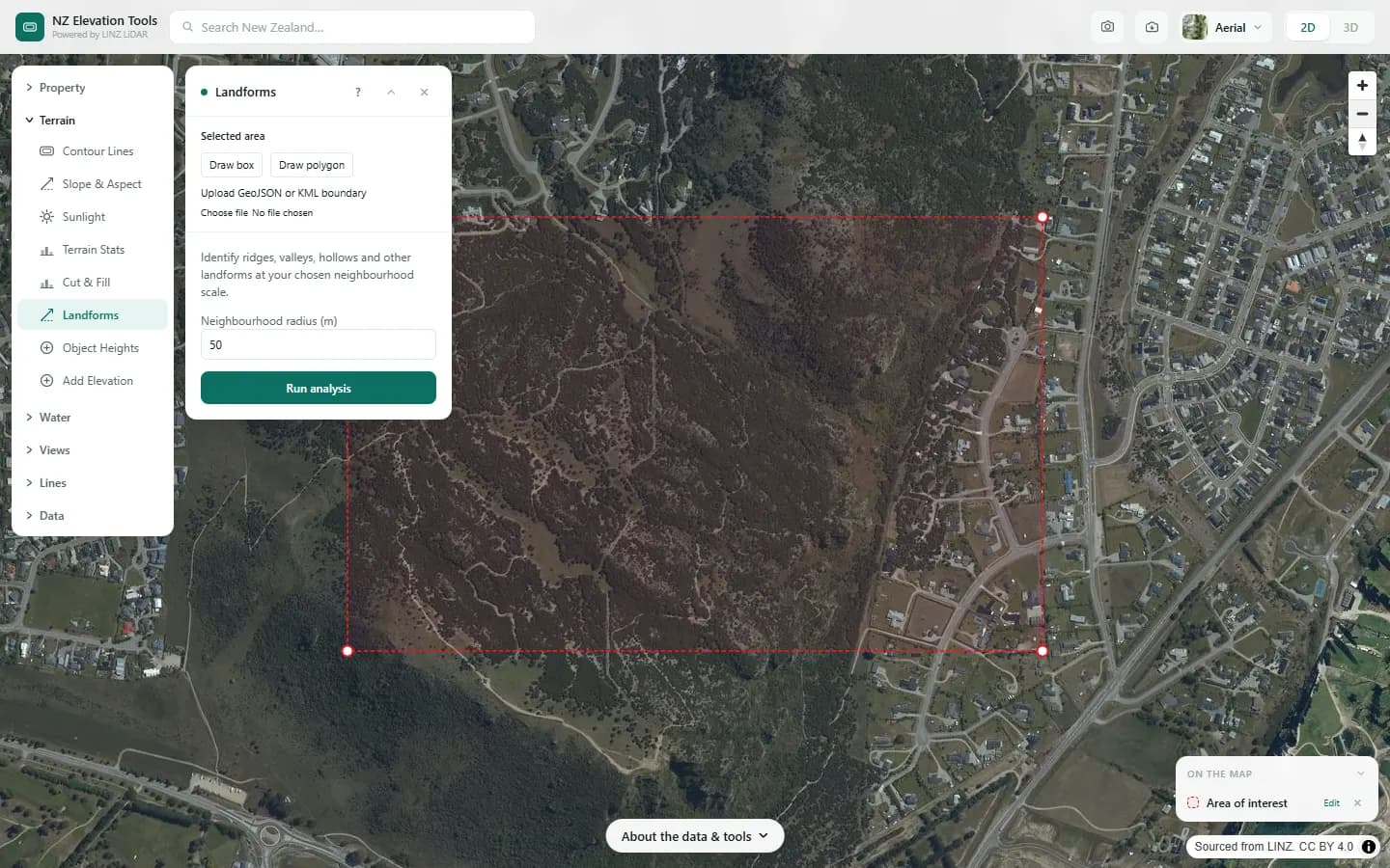 Landforms panel with an area over Mt Iron and a neighbourhood radius field