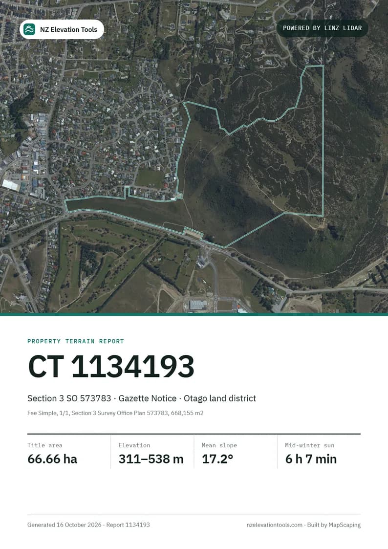 Cover page of the PDF report: the reserve outlined on an aerial photo of Wānaka, with its title number and four key figures