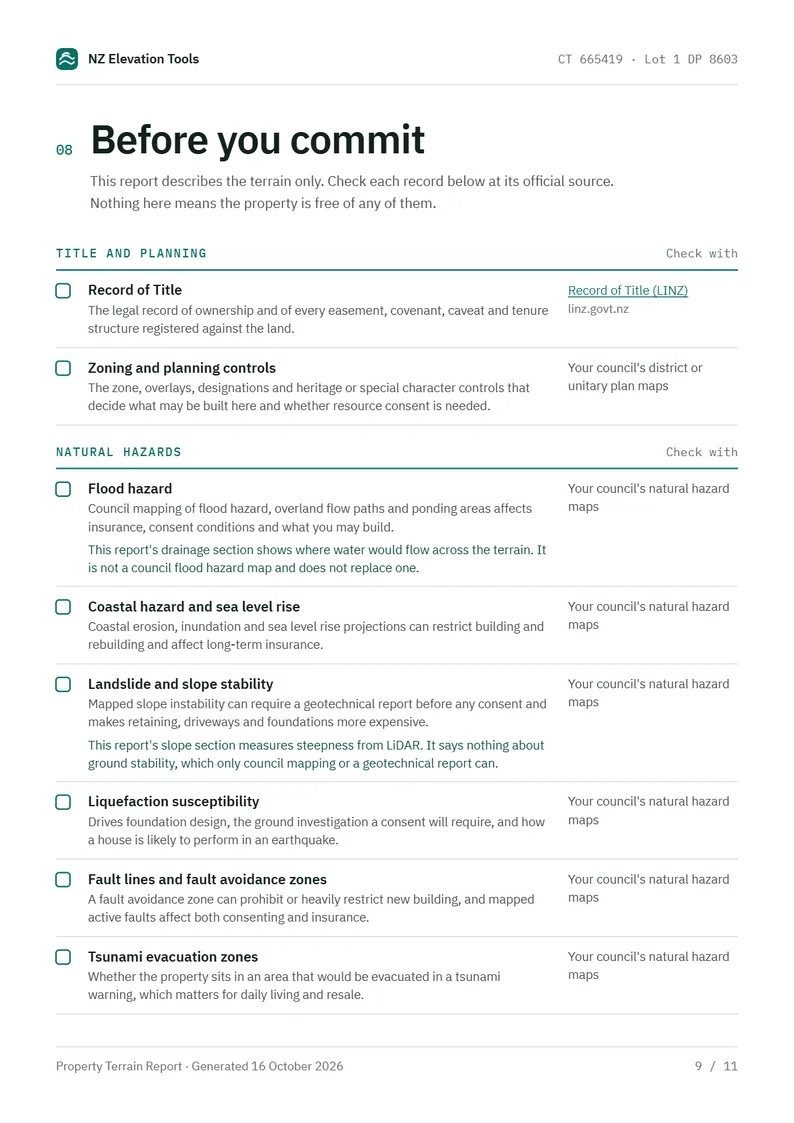 Before you commit page: a checklist of official records grouped under title and planning and natural hazards, each with a check box, a reason and where to check it