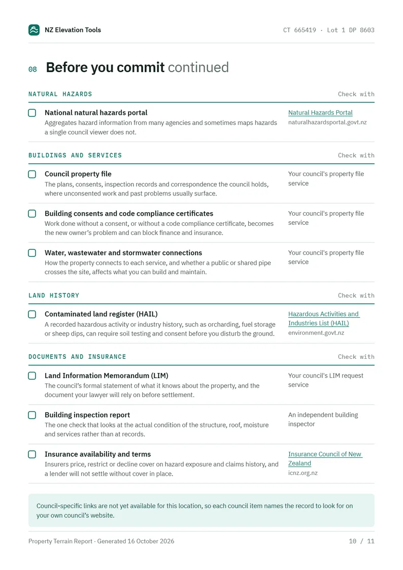 Second checklist page: council property file, building consents, services, the contaminated land register, LIM, building inspection and insurance