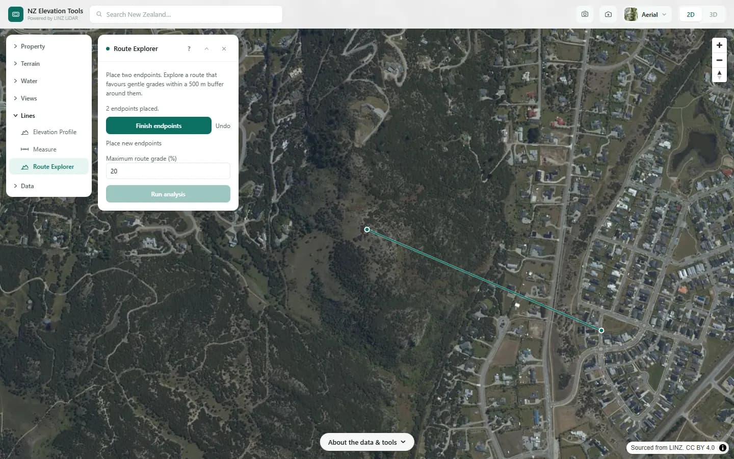 Two endpoints placed on the map with a maximum route grade of 20 %