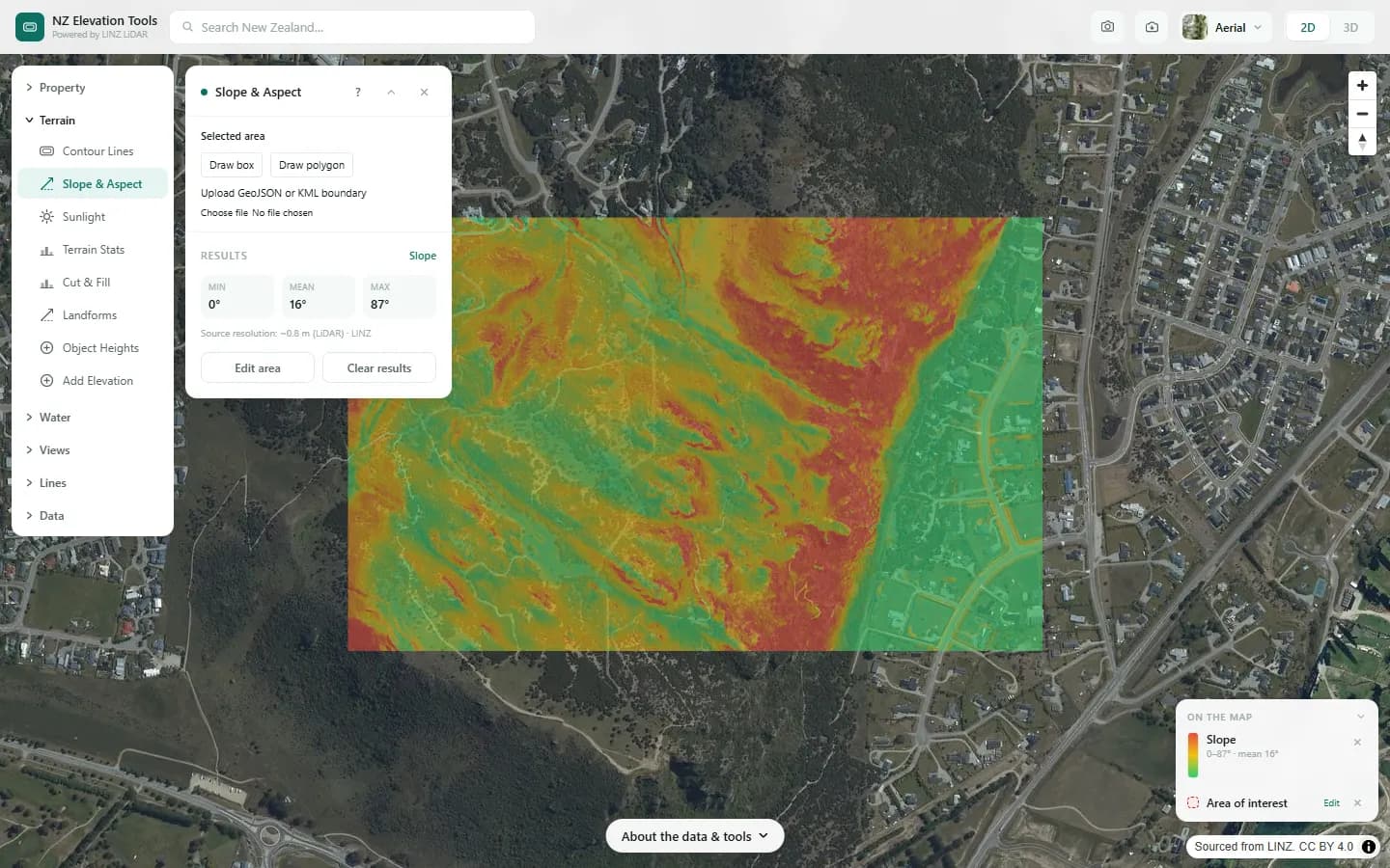 Slope map: green on the flats, yellow on moderate slopes, red on the steep faces