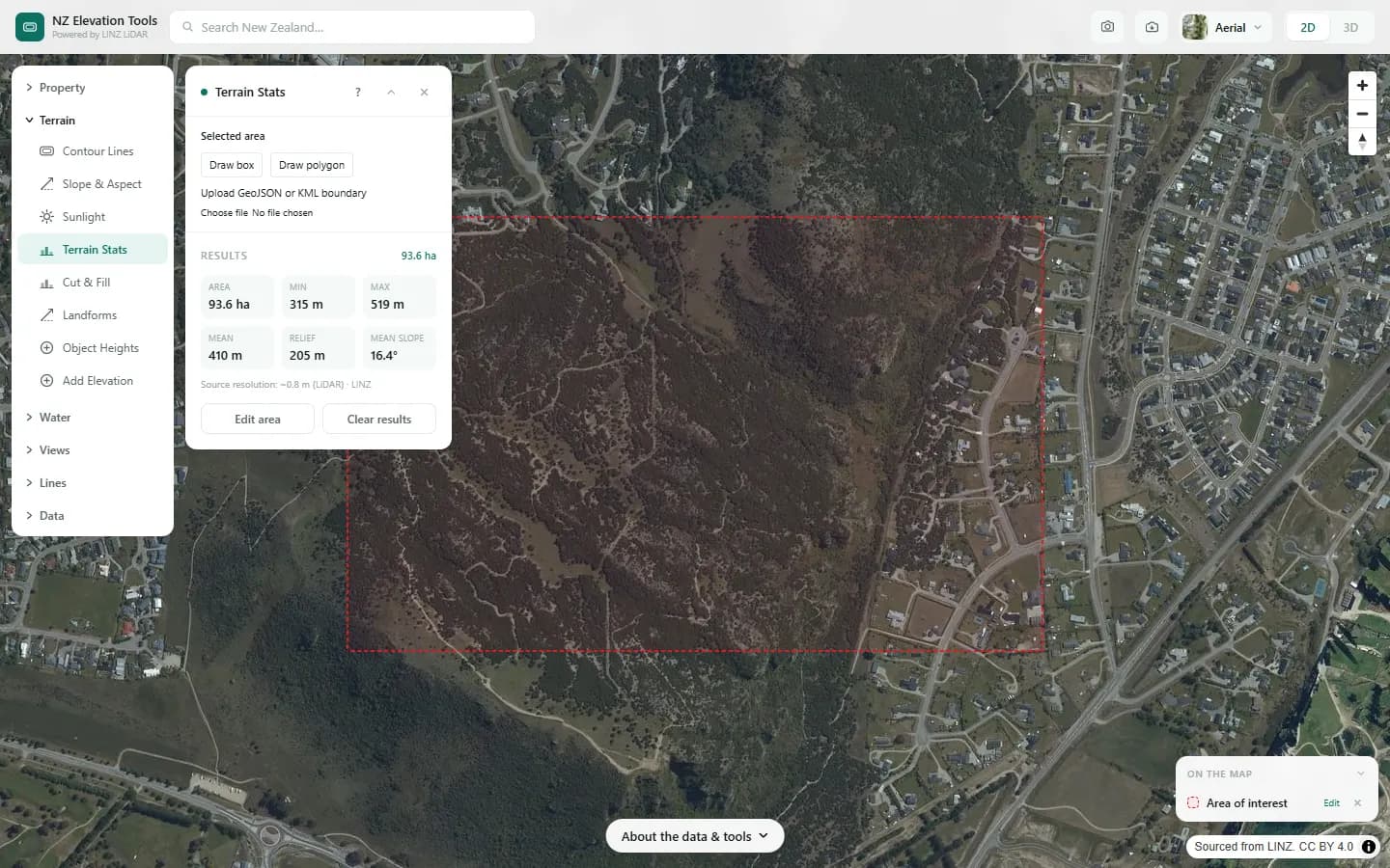 Terrain Stats results: area, minimum, maximum, mean, relief and mean slope