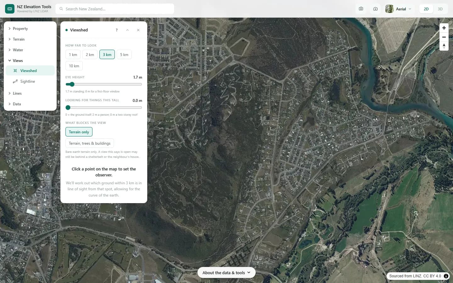Viewshed panel with range, eye height and target height settings