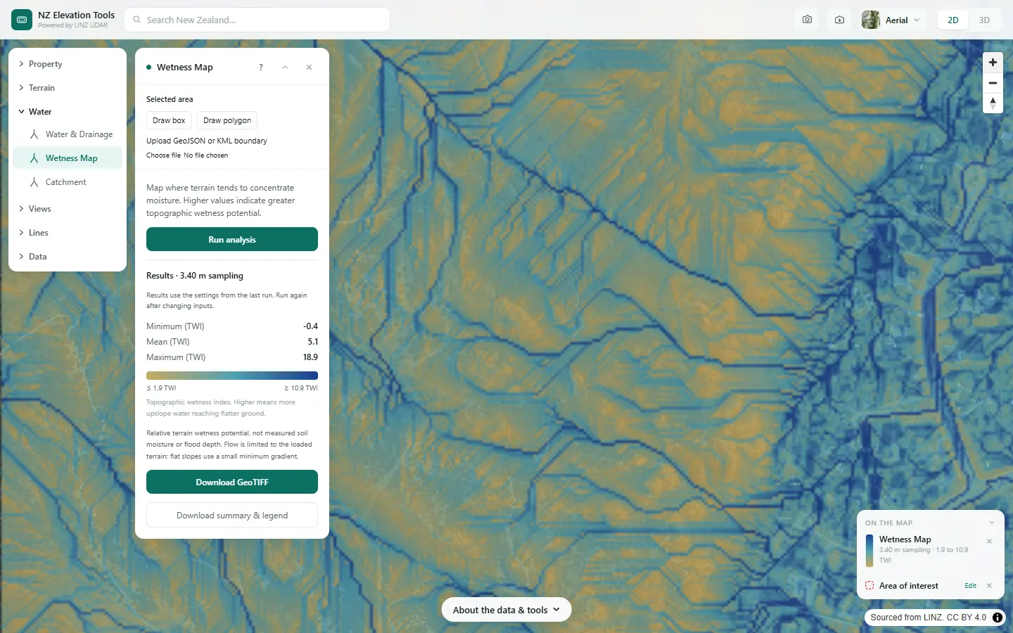Close view of the wetness map with blue drainage lines